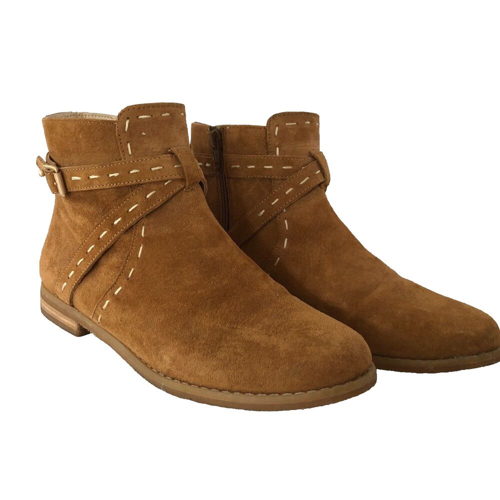 Hush Puppies Suede Leather Ankle Booties Womens Brown Size 9.5 Straps Stitching